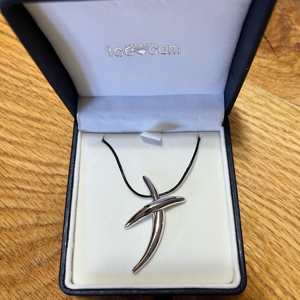 14K White Gold “X” Pendant on Leather Cord